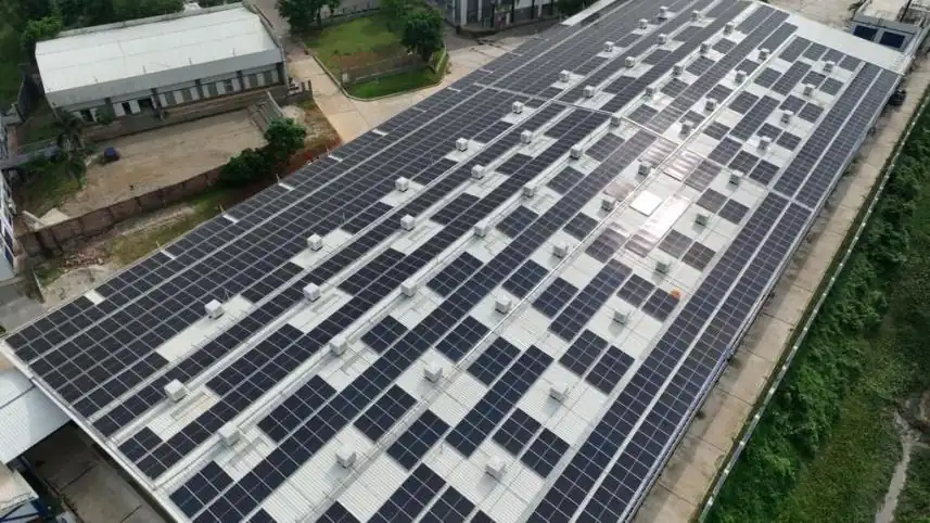 Aerial view of rooftop solar panels at a DRESSOURCE partner garment factory, Bangladesh