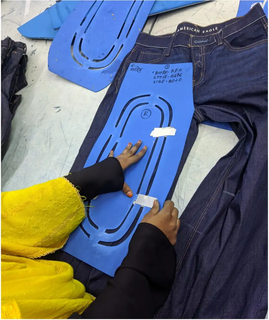 Blue pattern template on denim fabric for jeans sampling and pattern development, DRESSOURCE, Bangladesh
