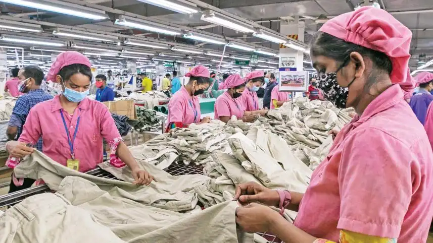 Workers in caps and masks checking cut garment panels, garment factory Dhaka, Bangladesh, DRESSOURCE
