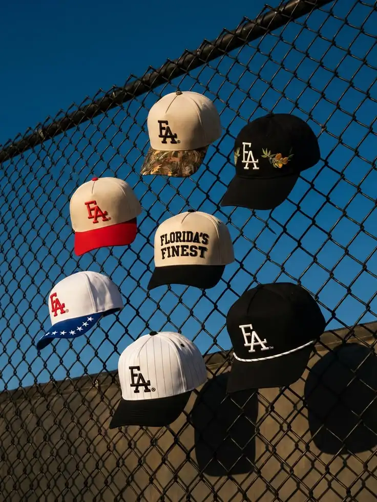 Custom embroidered merch caps hanging on a fence, custom merch manufacturing, DRESSOURCE