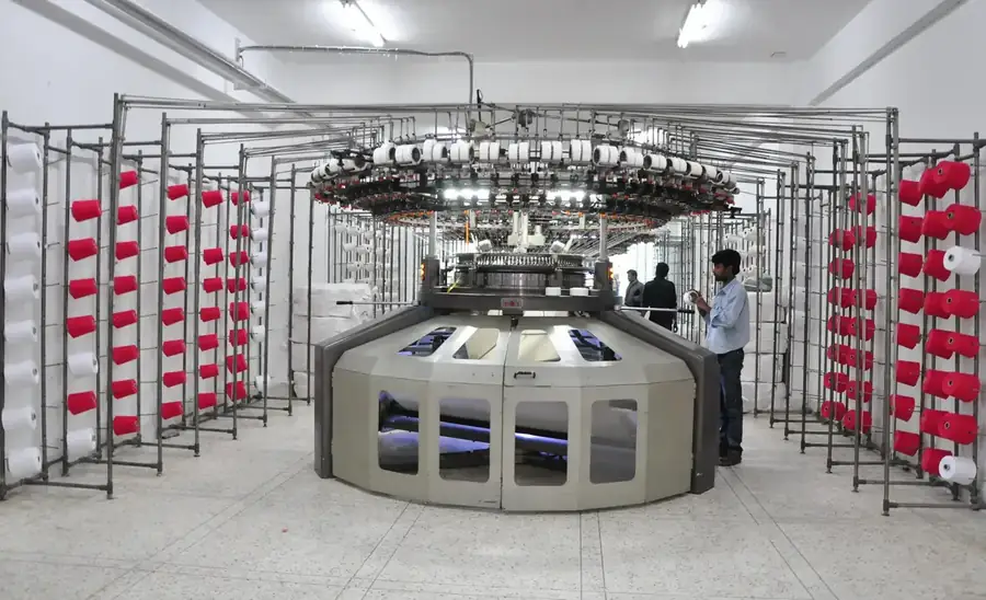 Circular knitting machine floor with yarn creels, knit fabric production, partner factory in Bangladesh, DRESSOURCE